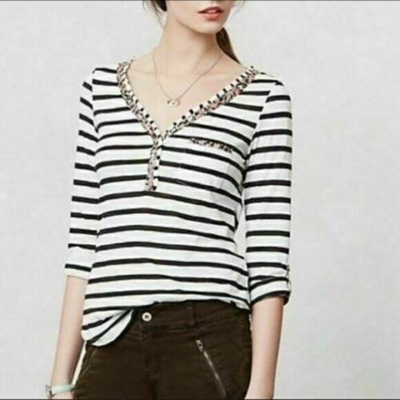 Anthropologie Postmark Henley Top Womens S Striped Floral Trim Roll Tab Sleeves - Picture 3 of 12